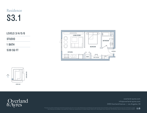 A floor plan for a residence labeled S3.1 shows a studio apartment with a bathroom, kitchen, and living room.